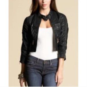 Bebe Genuine Black Shirred Leather Crop Zippered Moto Cropped Jacket